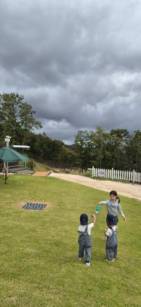 Three children on a grassy field under a cloudy sky