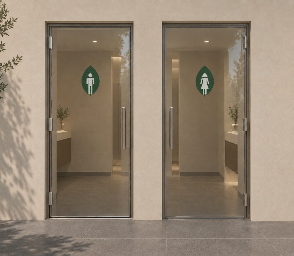 Dayul Soop Cafe bathroom doors with leaf-shaped gender signage