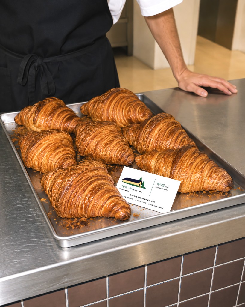 Dayul Soop business card resting on a tray of croissants
