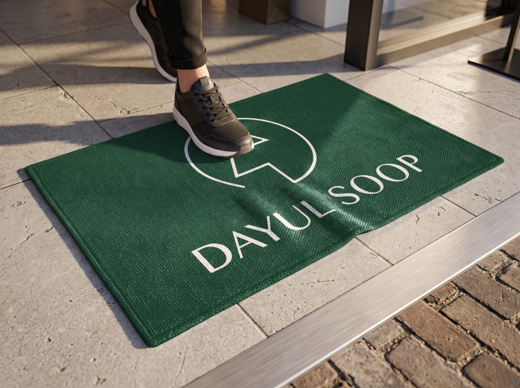 Dayul Soop branded green foot mat at a cafe entrance
