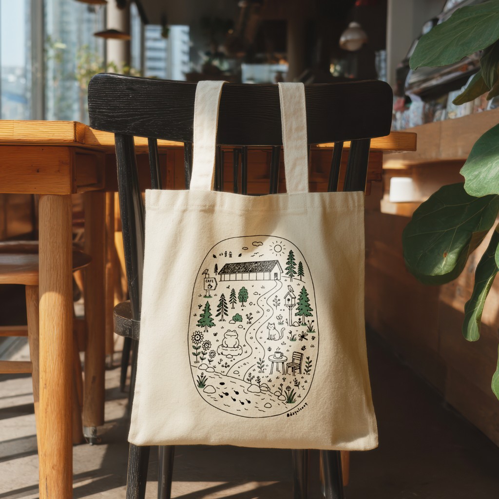 Dayul Soop Cafe tote bag with doodle forest illustration hanging on a chair