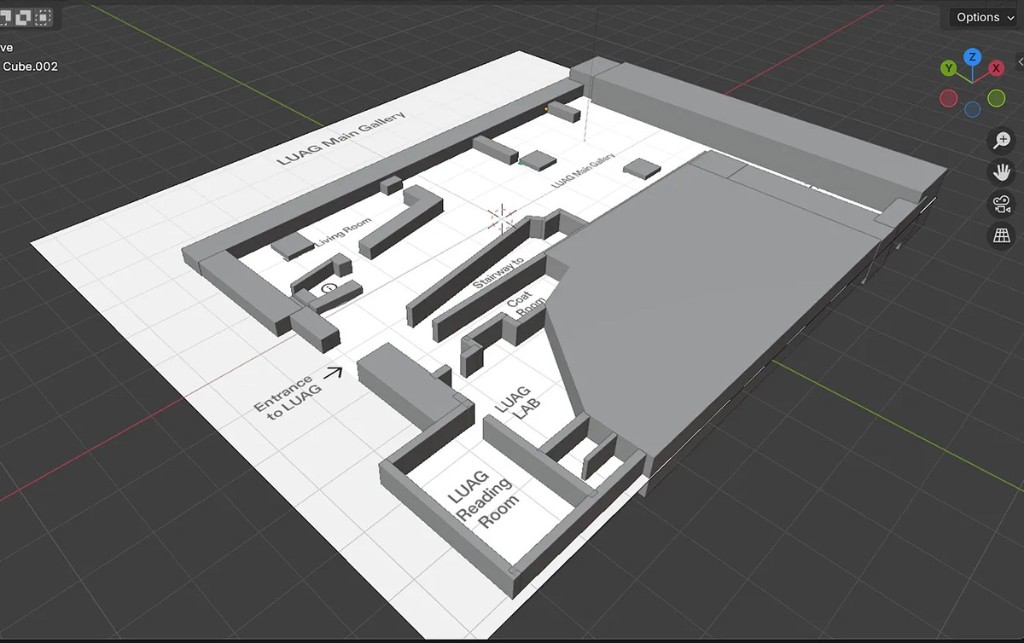 Blender 3D model of LUAG gallery floor plan with labeled rooms