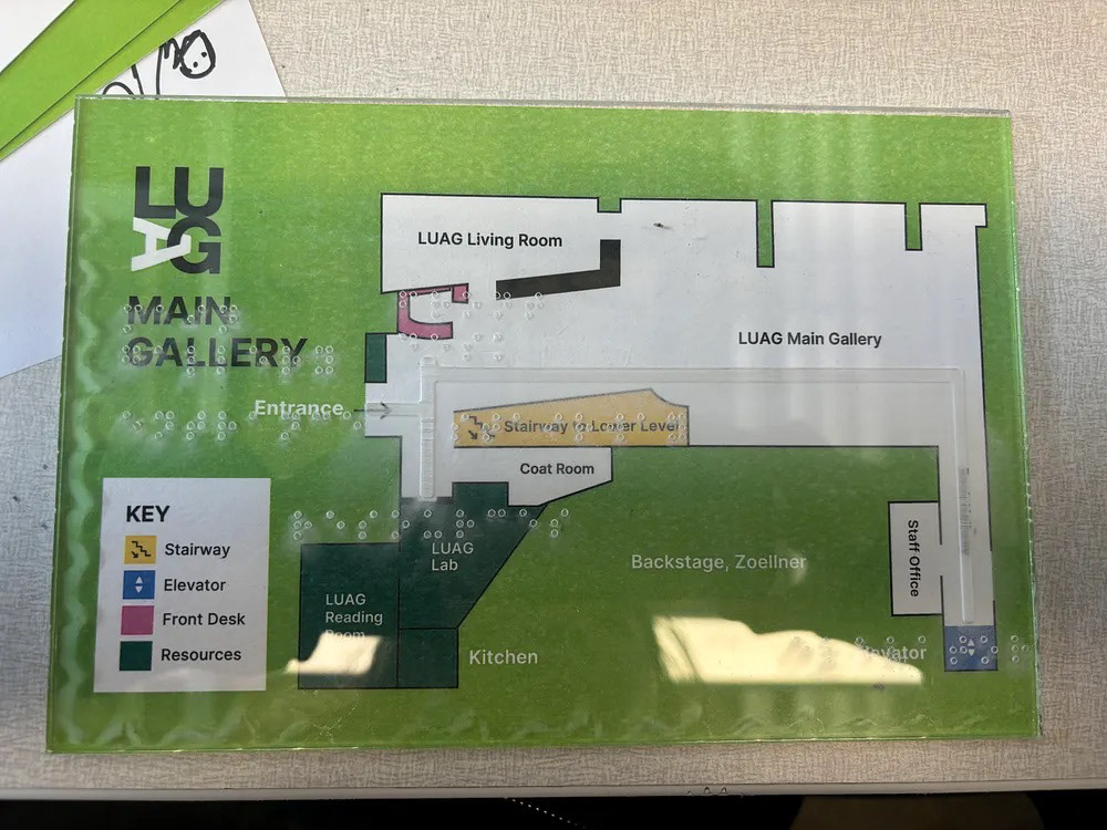 Physical LUAG Main Gallery map with clear Braille and tactile path overlay