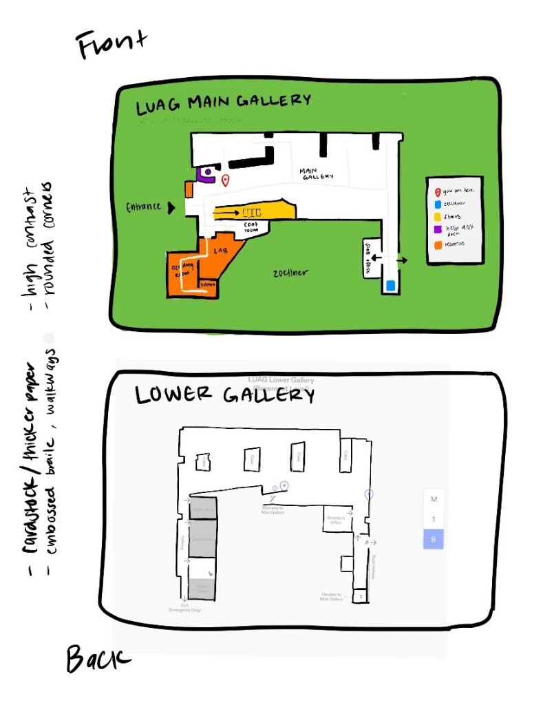 Hand-drawn LUAG Main Gallery and Lower Gallery map sketches — front and back