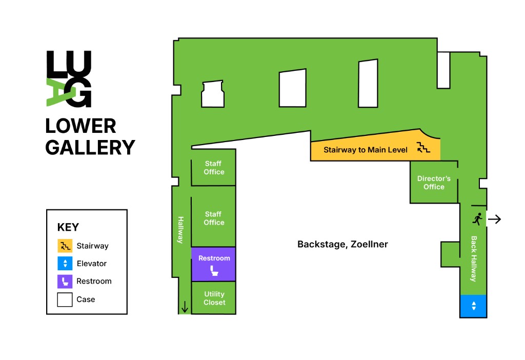 LUAG Lower Gallery final map illustration with key for stairway, elevator, restroom, and cases