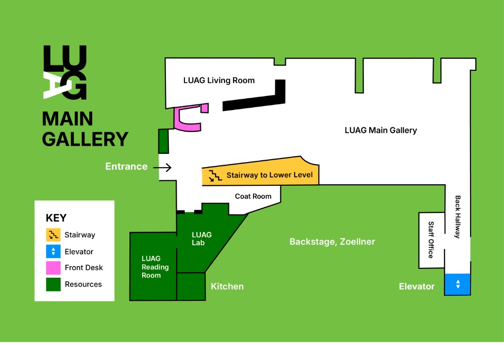 LUAG Main Gallery final map illustration with key for stairway, elevator, front desk, and resources