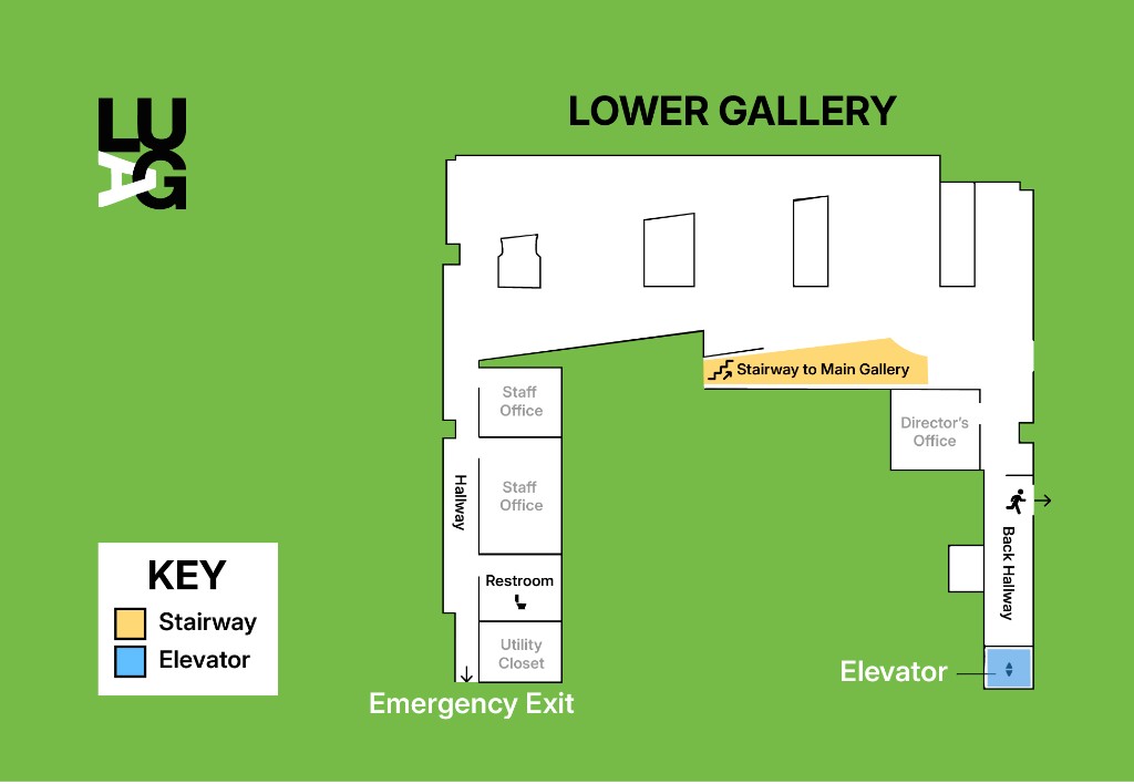LUAG Lower Gallery wayfinding map with rooms, stairway, elevator, and key