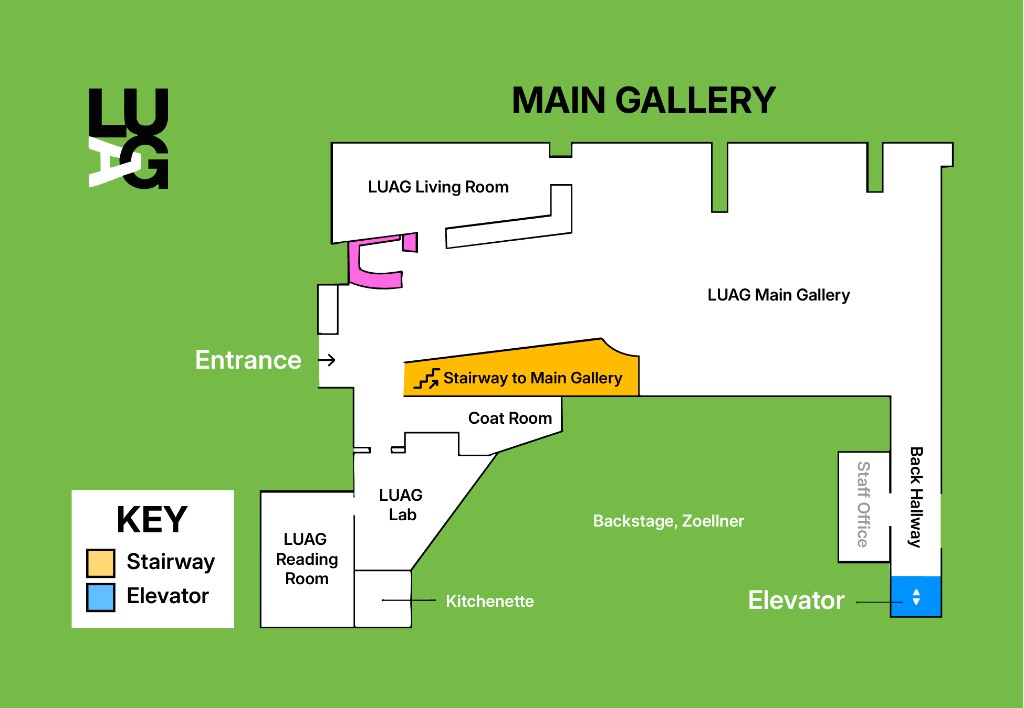 LUAG Main Gallery wayfinding map with rooms, stairway, elevator, and key