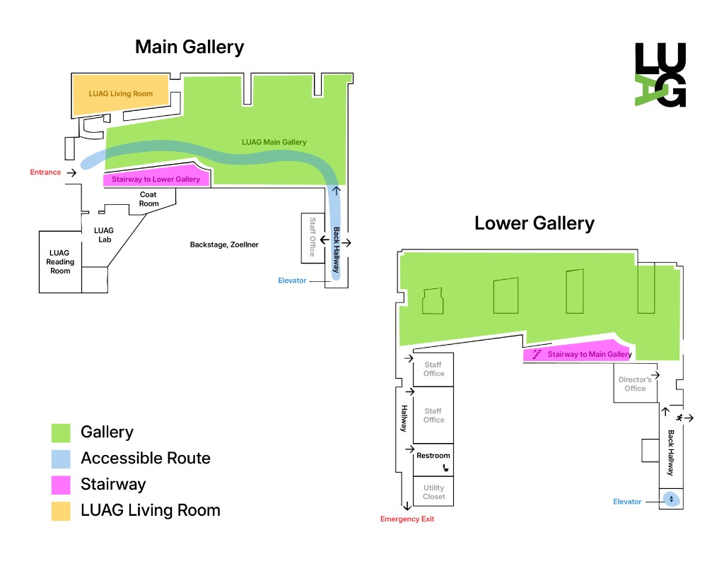 LUAG Main Gallery and Lower Gallery draft floor plans with accessible route, stairways, and color-coded rooms.