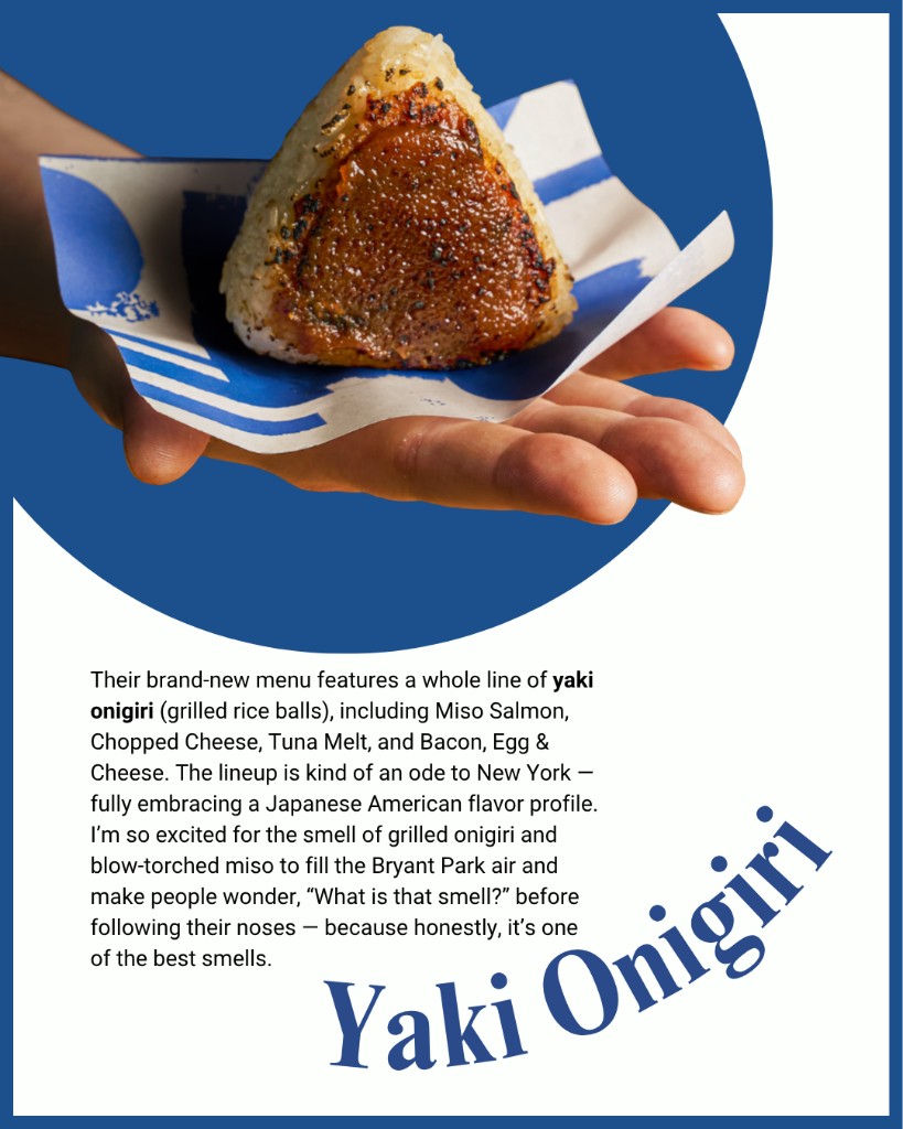 Yaki onigiri held in a blue-and-white wrapper