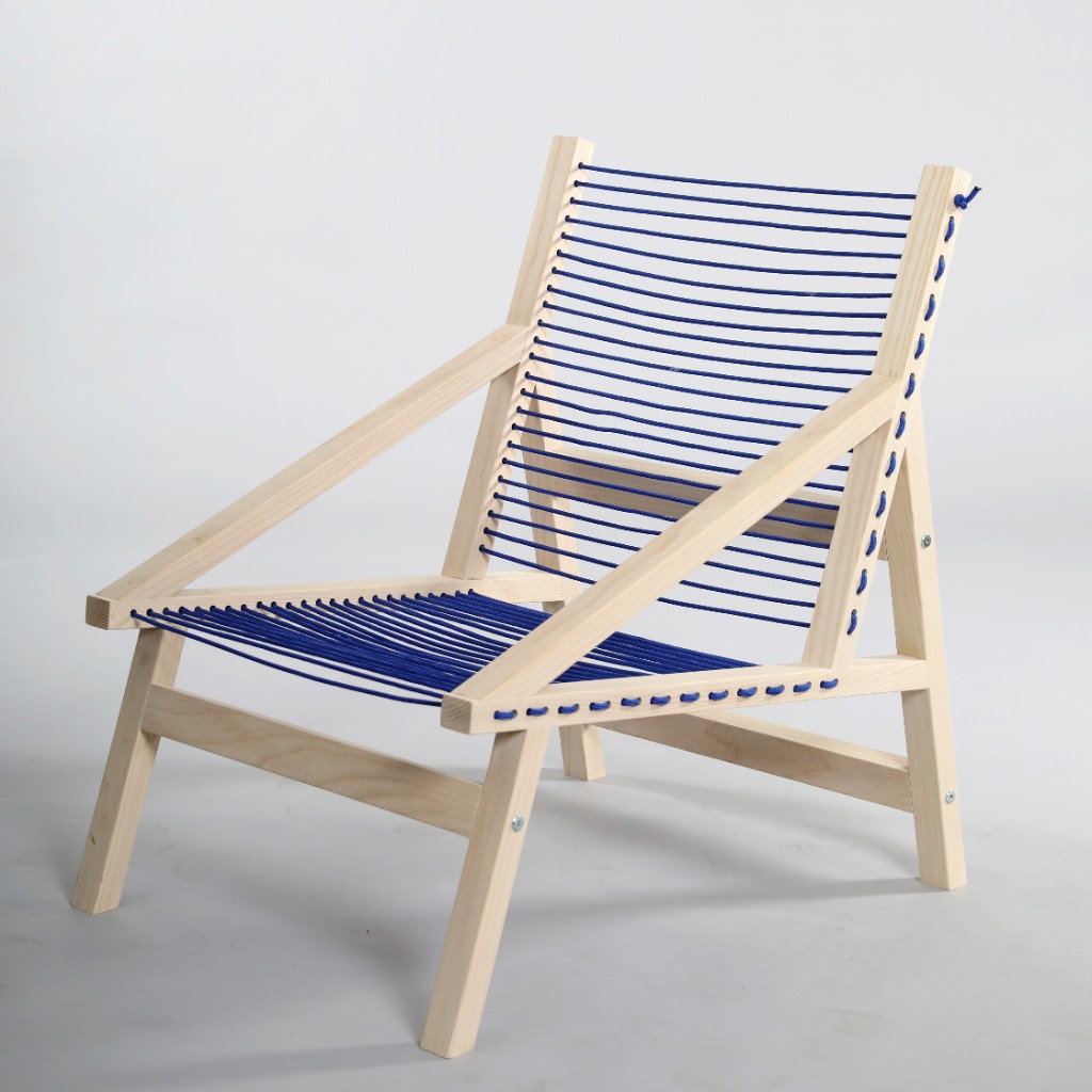 Finished Tricoard Chair — light wood frame with blue cord seat and backrest