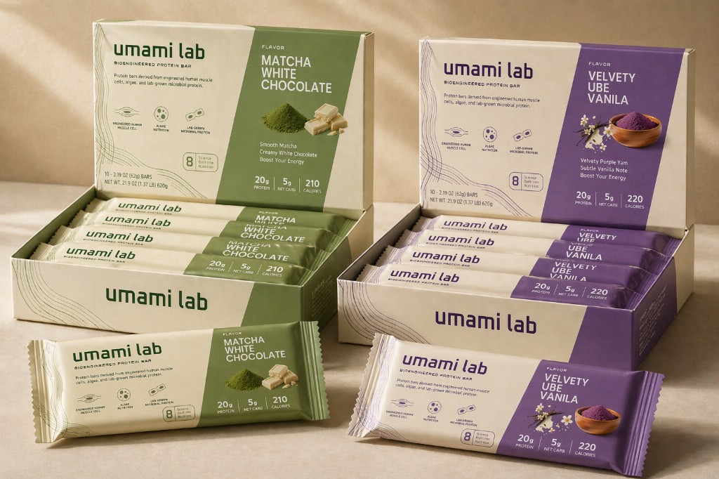 Umami Lab bioengineered protein bars — Matcha White Chocolate and Velvety Ube Vanilla